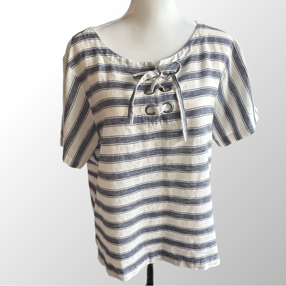 Madewell Striped Lace-Up Linen Blend‎ Top Women's L Blue White Nautical Coastal